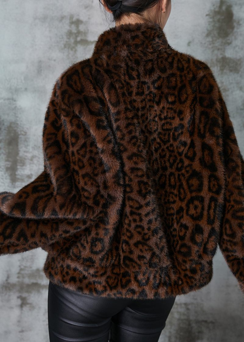 Snygga Bruna Leopardtrycksfickor Faux Fur Coat Vinter - Vinterkappor för kvinnor