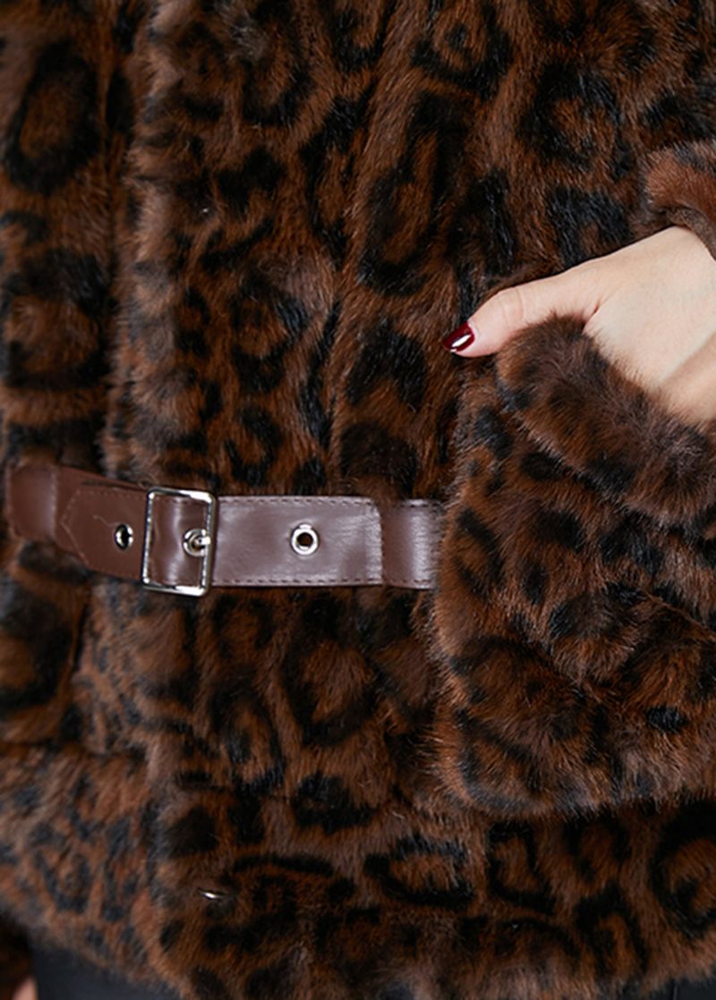 Snygga Bruna Leopardtrycksfickor Faux Fur Coat Vinter - Vinterkappor för kvinnor