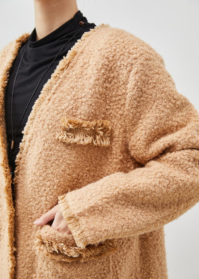 Snygga Kaki Överdimensionerade Fickor Faux Fur Teddy Coats Spring - Vinterkappor för kvinnor