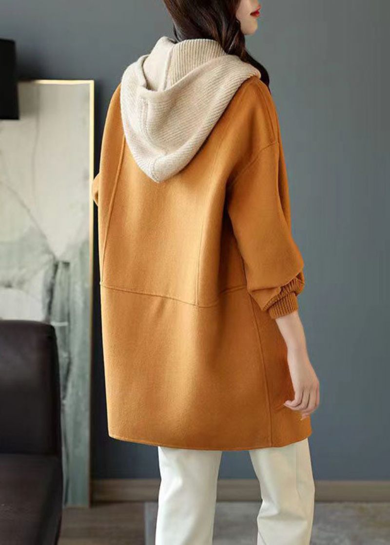 Snygga Khaki Button Fickor Patchwork Woolen Huvtröjor Ytterkläder Fall - Vinterkappor för kvinnor