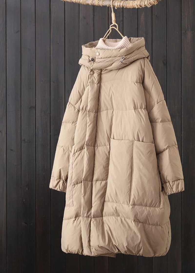 Snygga Khaki Hooded Dragsko Fickor Duck Down Puffers Jackor Vinter