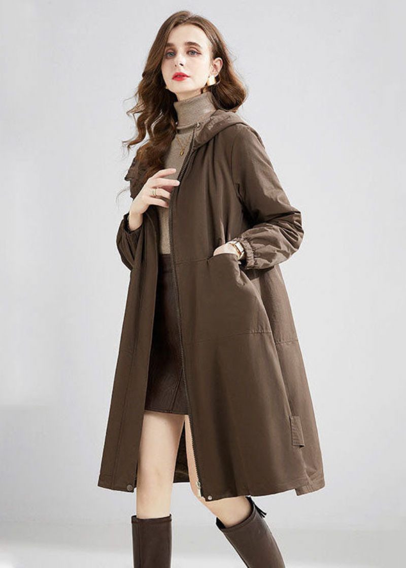 Snygga Khaki Hooded Oversized Fickor Varm Fleece Trench Winter - Trenchcoats för kvinnor