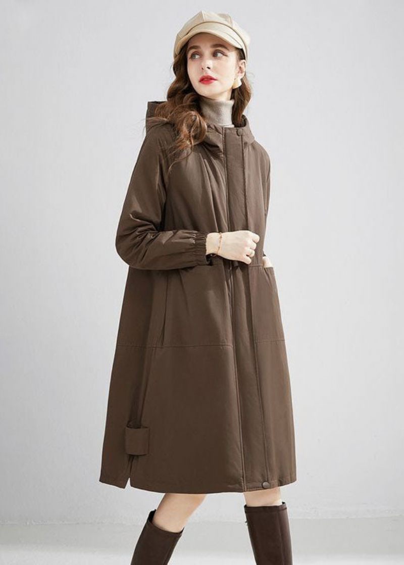 Snygga Khaki Hooded Oversized Fickor Varm Fleece Trench Winter - Trenchcoats för kvinnor