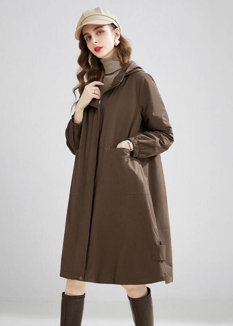 Snygga Khaki Hooded Oversized Fickor Varm Fleece Trench Winter - Trenchcoats för kvinnor