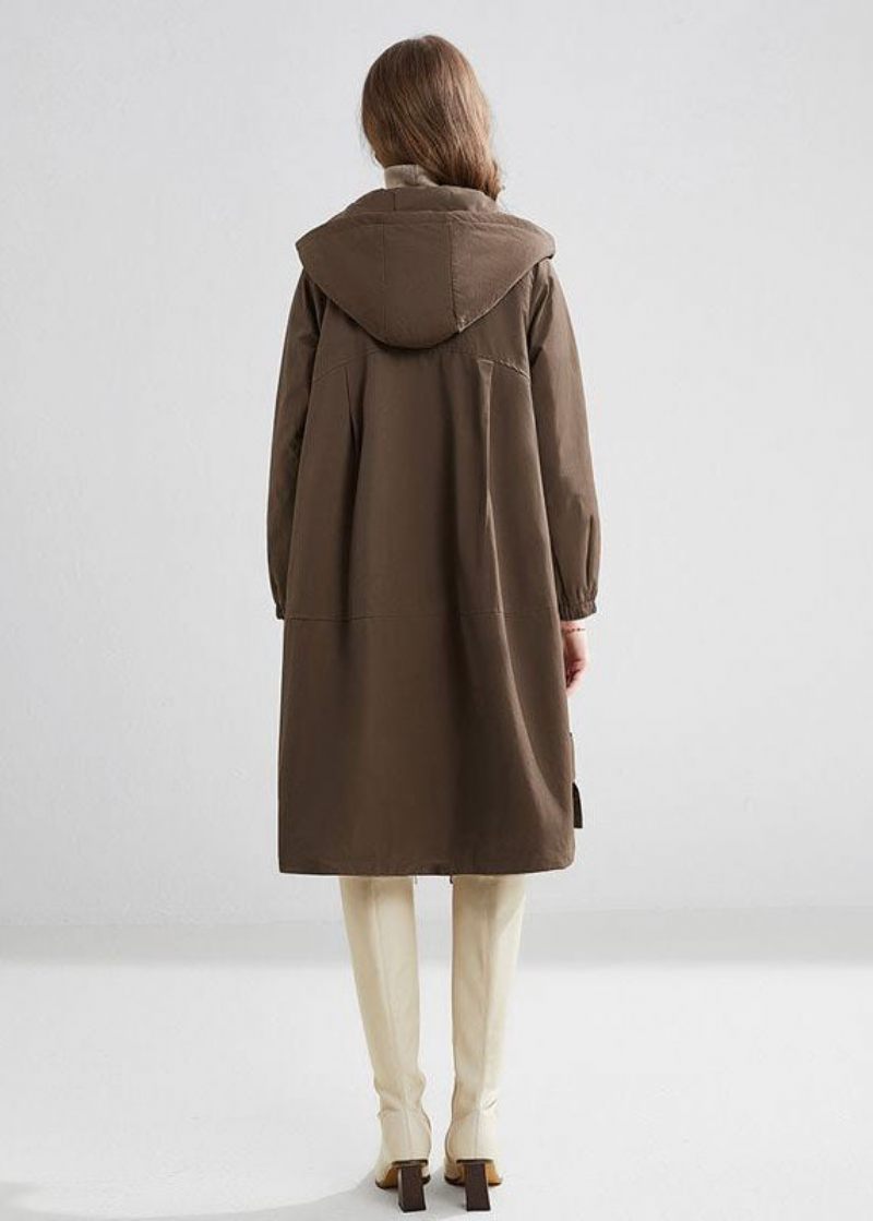 Snygga Khaki Hooded Oversized Fickor Varm Fleece Trench Winter - Trenchcoats för kvinnor