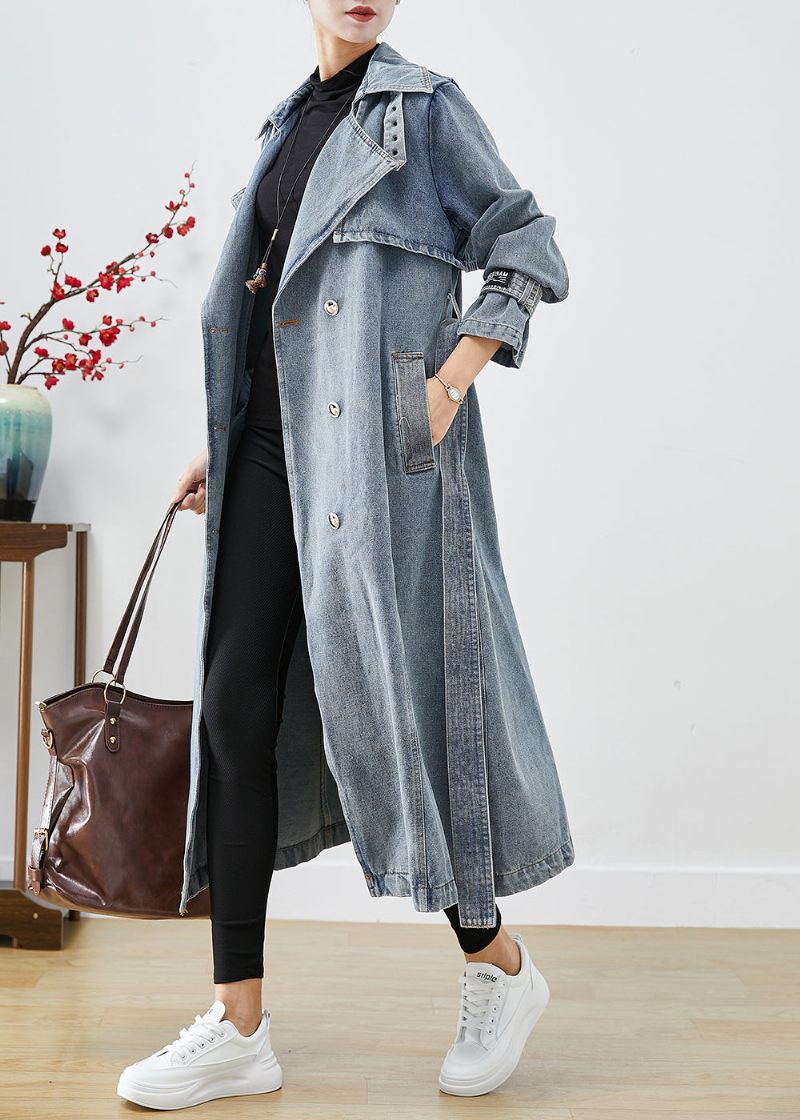 Snygga Ljusblå Dubbelbröst Överdimensionerade Denim Trenchcoats Höst