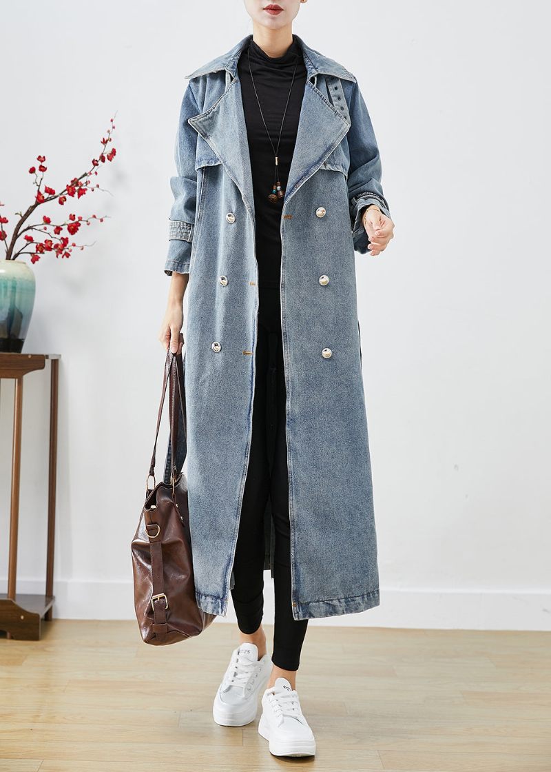 Snygga Ljusblå Dubbelbröst Överdimensionerade Denim Trenchcoats Höst - Trenchcoats för kvinnor