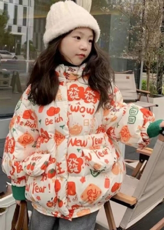 Snygga Orange Hooded Print Fickor Bomull Fyllda Girls Parka Winter