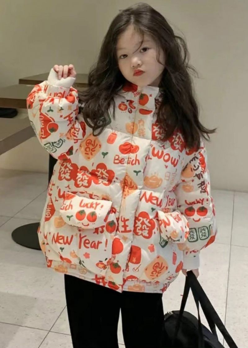 Snygga Orange Hooded Print Fickor Bomull Fyllda Girls Parka Winter - Dunjackor för kvinnor