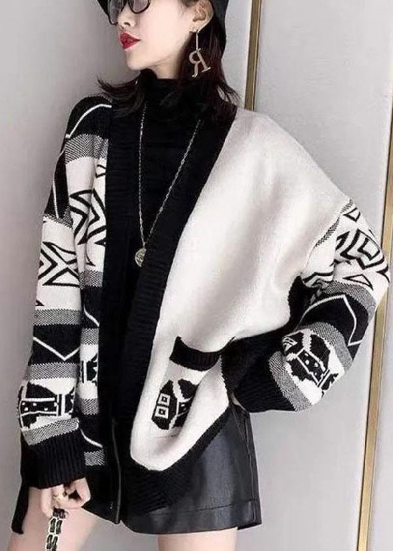 Snygga Svarta Överdimensionerade Patchwork Print Stickade Lösa Cardigans Vinter