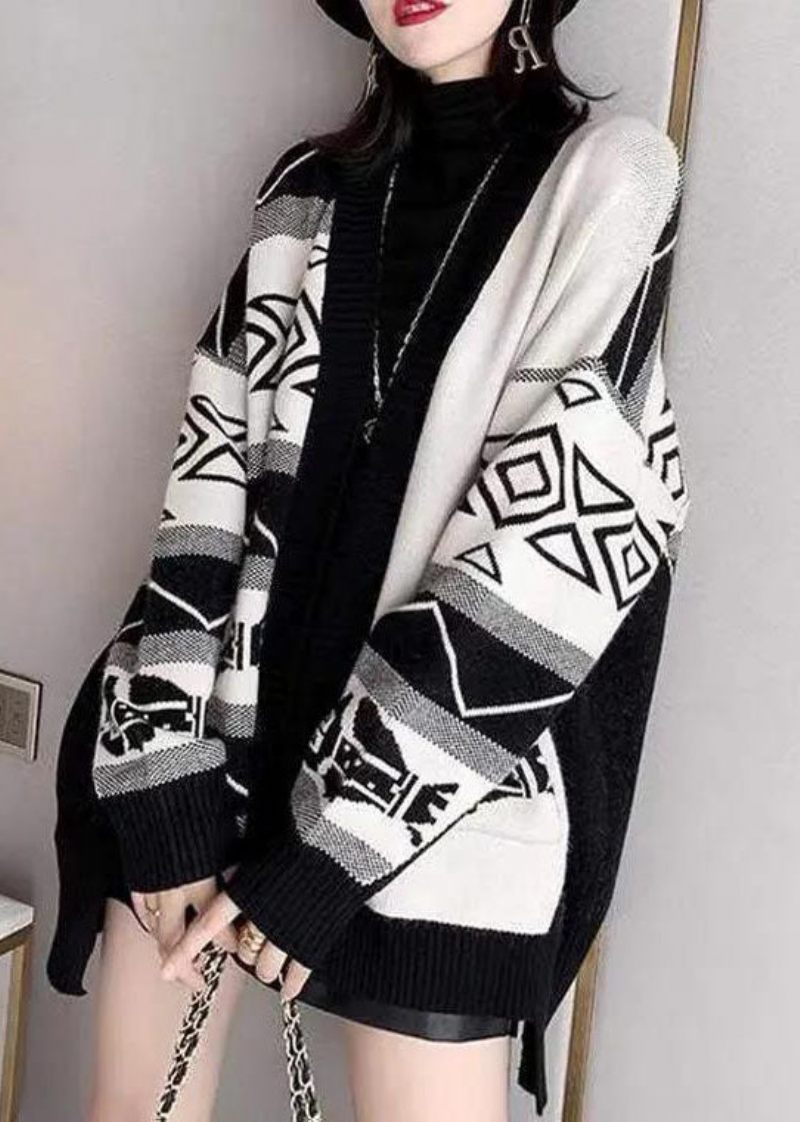 Snygga Svarta Överdimensionerade Patchwork Print Stickade Lösa Cardigans Vinter - Koftor för kvinnor