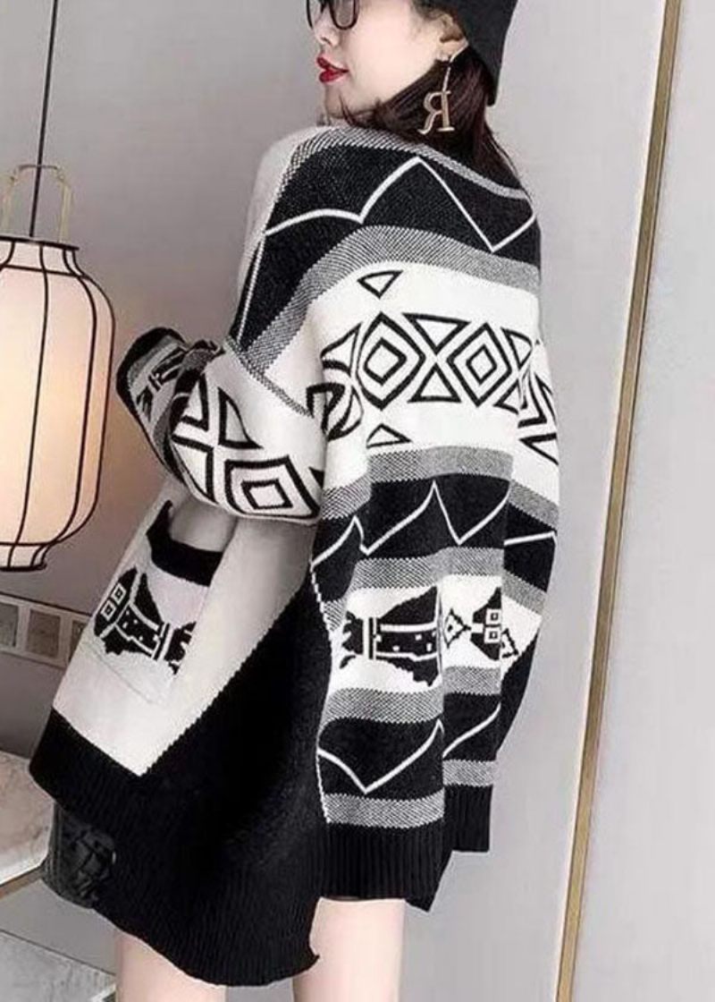 Snygga Svarta Överdimensionerade Patchwork Print Stickade Lösa Cardigans Vinter - Koftor för kvinnor