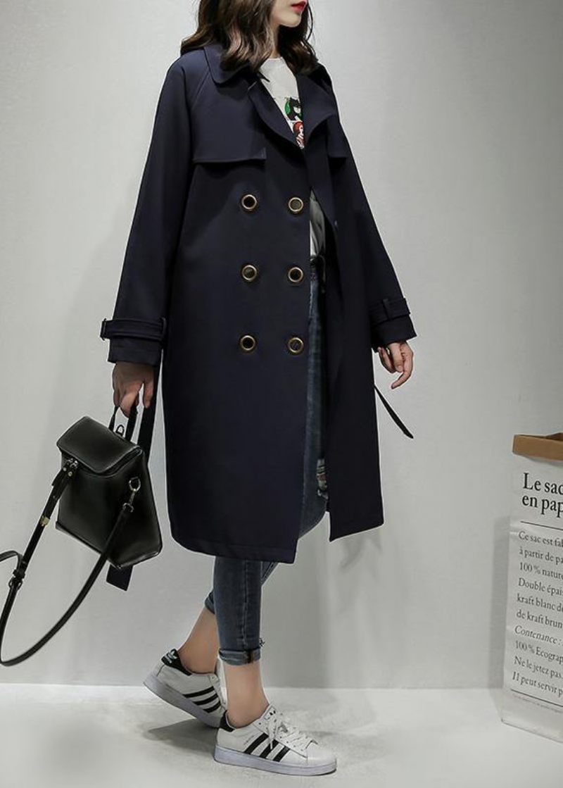 Snyggt Skårad Dubbelbröst Plus Size Trenchcoat Marinblå Silhuett Ytterkläder - Trenchcoats för kvinnor