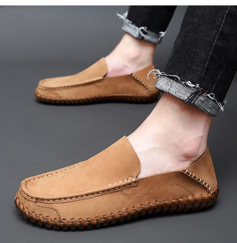 Sommar Herr Casual Slip On Läderskor Mjuk Komfort Skor Loafers - Kaki