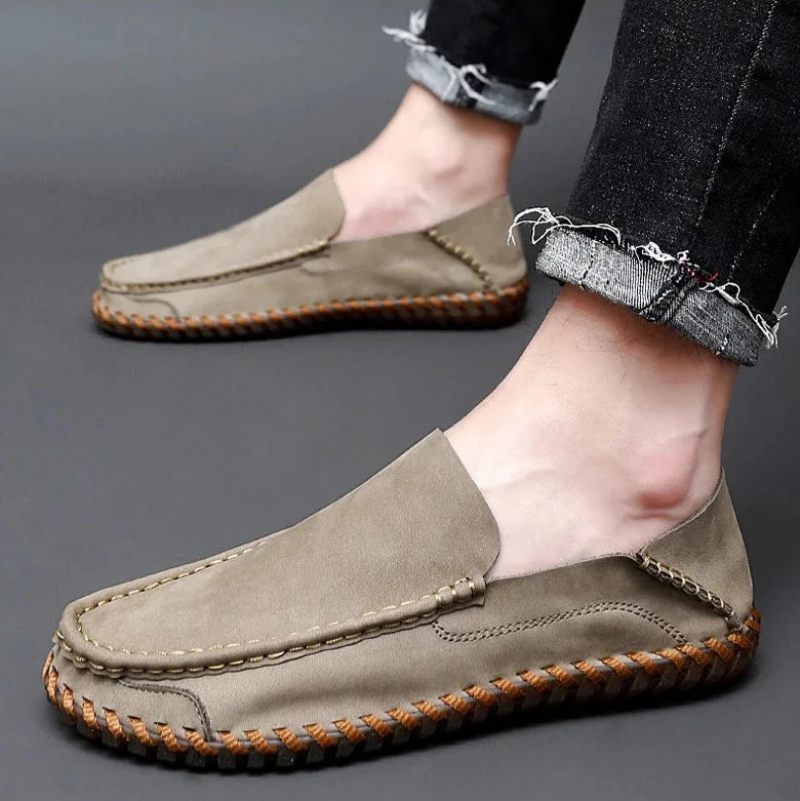 Sommar Herr Casual Slip On Läderskor Mjuk Komfort Skor Loafers - Kaki