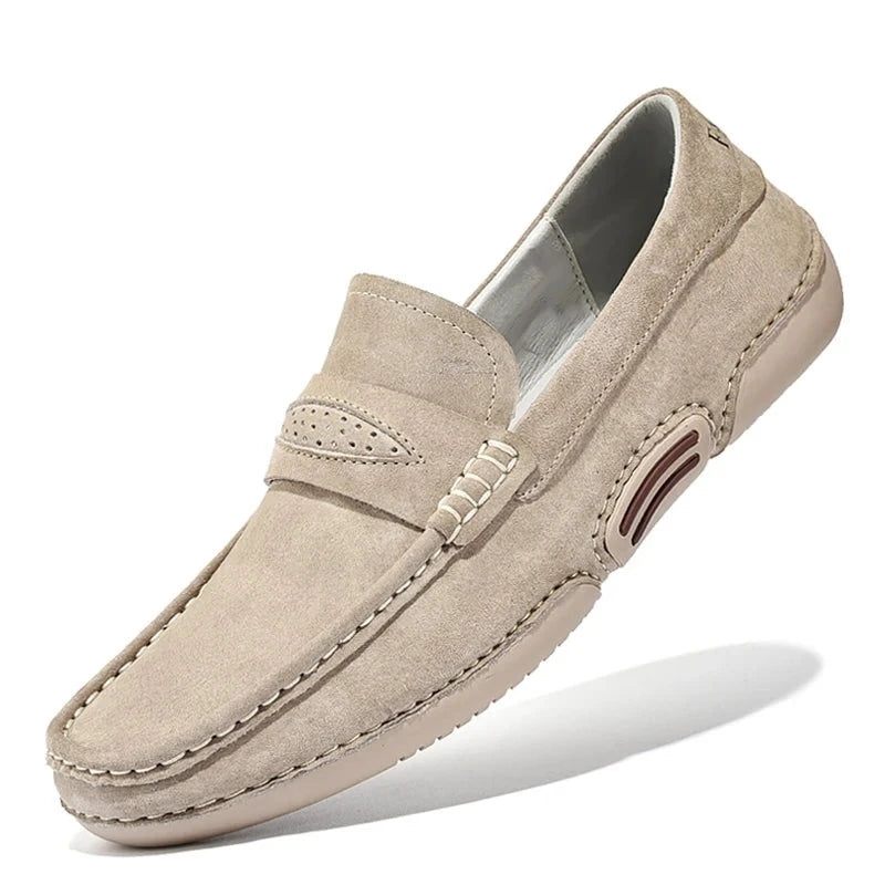 Sommar Herr Fritidsskor Lyxiga Äkta Läder Loafers Andas Slip On Italiensk Stil - Grå