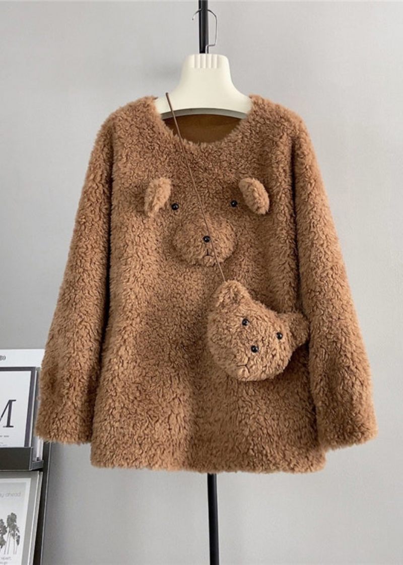 Söt Kaffe O Neck Ull Lös Teddy Bear Vinter Pullover