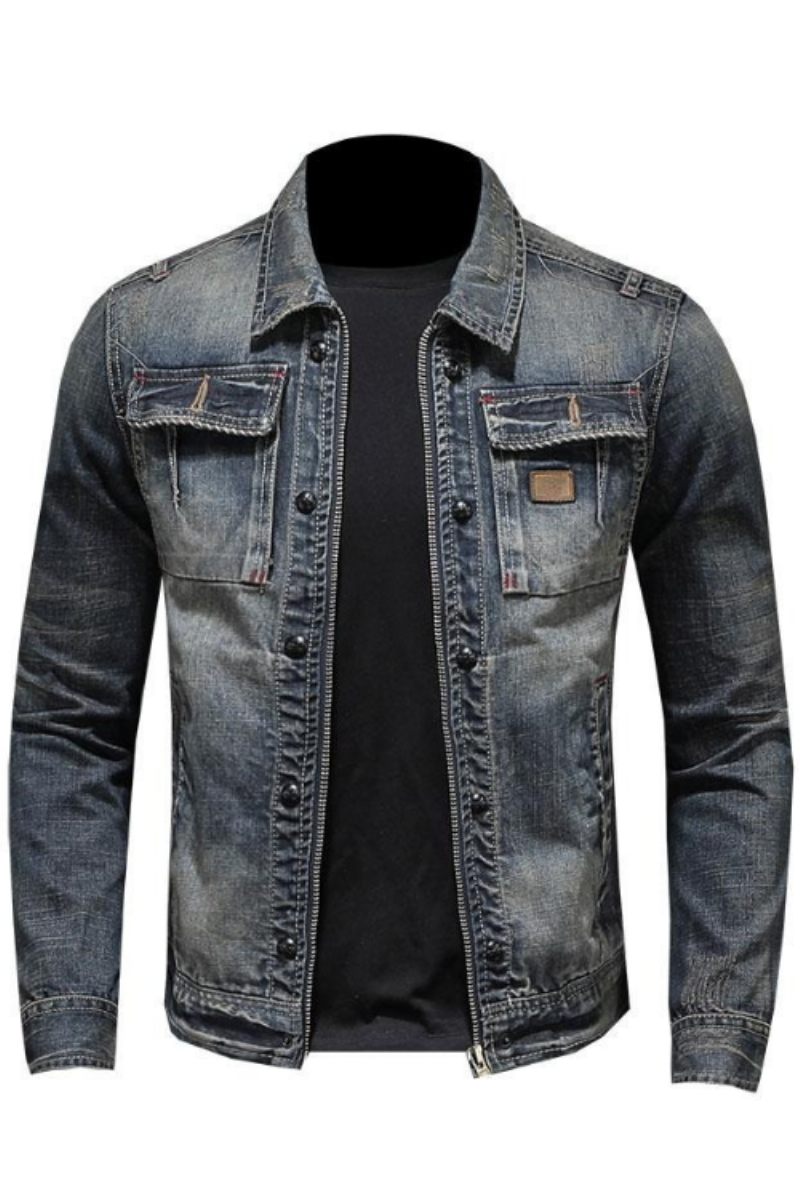 Spring Bomber Jeansjacka Herr Jeansjackor Motorcykel Bomull Turndown-krage Tvättad Slim Casual Långärmad Kläder