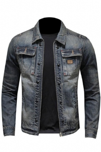 Spring Bomber Jeansjacka Herr Jeansjackor Motorcykel Bomull Turndown-krage Tvättad Slim Casual Långärmad Kläder