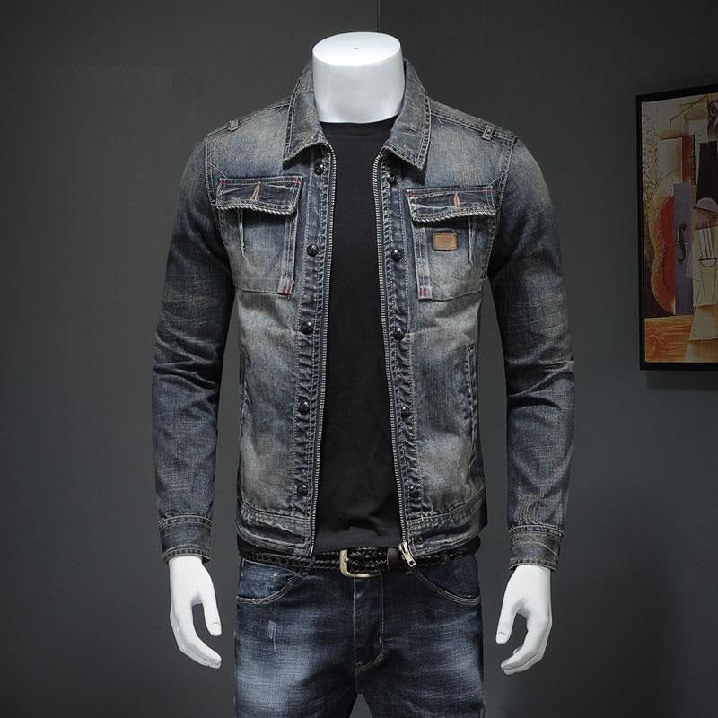 Spring Bomber Jeansjacka Herr Jeansjackor Motorcykel Bomull Turndown-krage Tvättad Slim Casual Långärmad Kläder - Grå