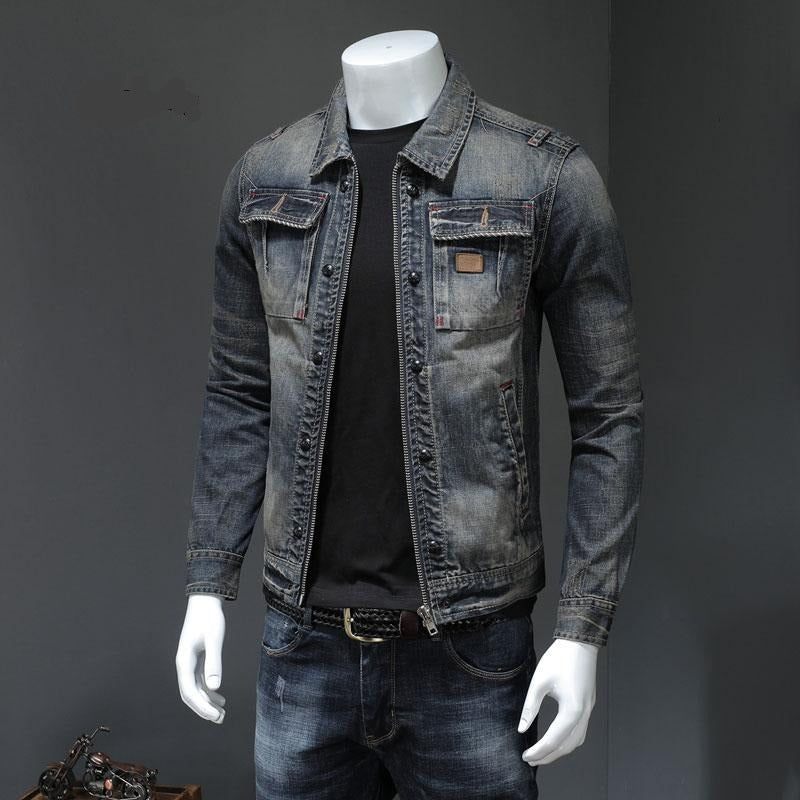 Spring Bomber Jeansjacka Herr Jeansjackor Motorcykel Bomull Turndown-krage Tvättad Slim Casual Långärmad Kläder - Grå