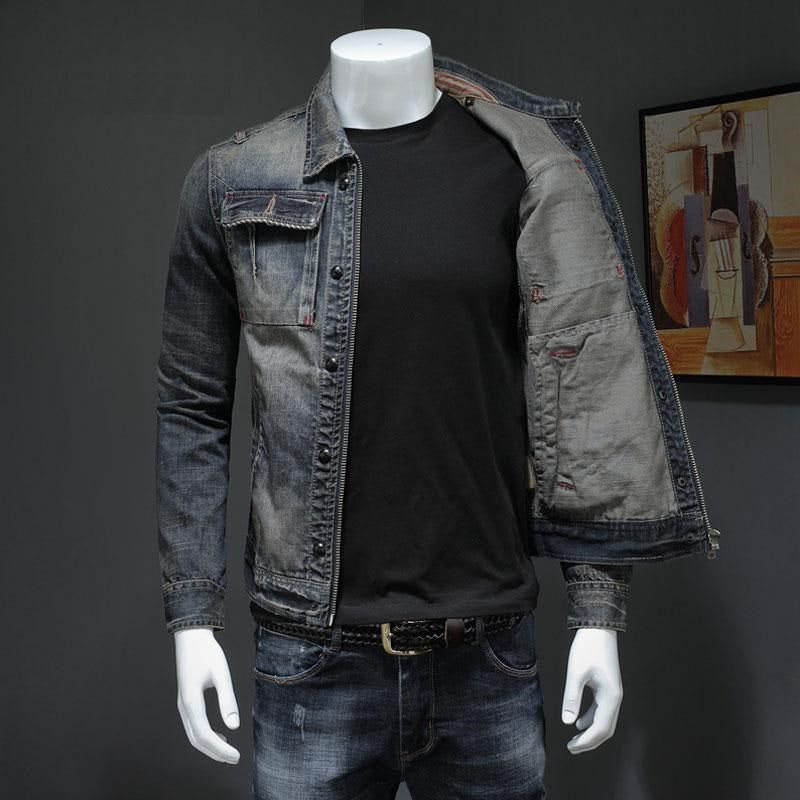 Spring Bomber Jeansjacka Herr Jeansjackor Motorcykel Bomull Turndown-krage Tvättad Slim Casual Långärmad Kläder - Grå