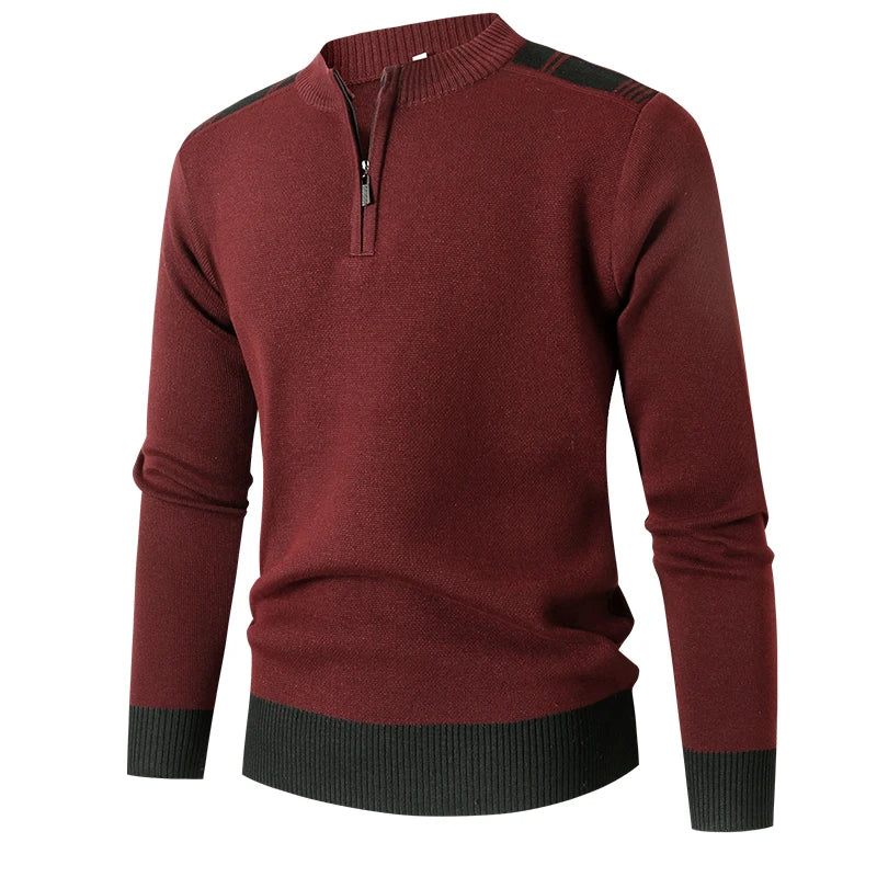 Stickad Tröja Män Slim Dragkedja Mock Neck Män Causal Solid Herrkläder - Röd