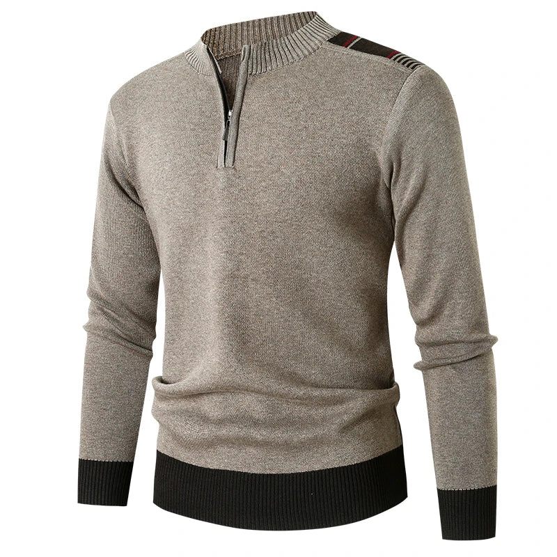 Stickad Tröja Män Slim Dragkedja Mock Neck Män Causal Solid Herrkläder - Röd