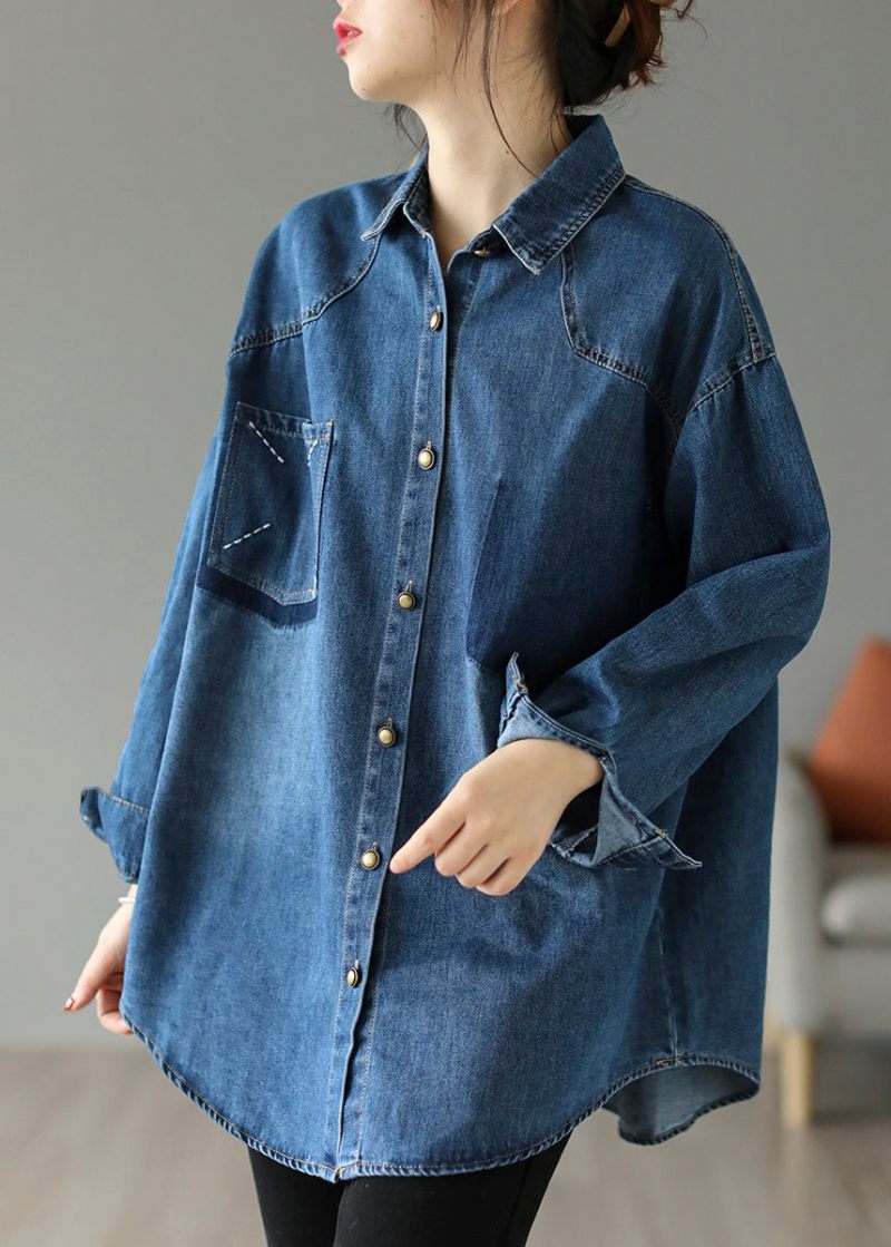 Stil Blå Oversized Broderade Pocket Denim Jackor Spring