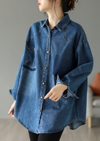 Stil Blå Oversized Broderade Pocket Denim Jackor Spring