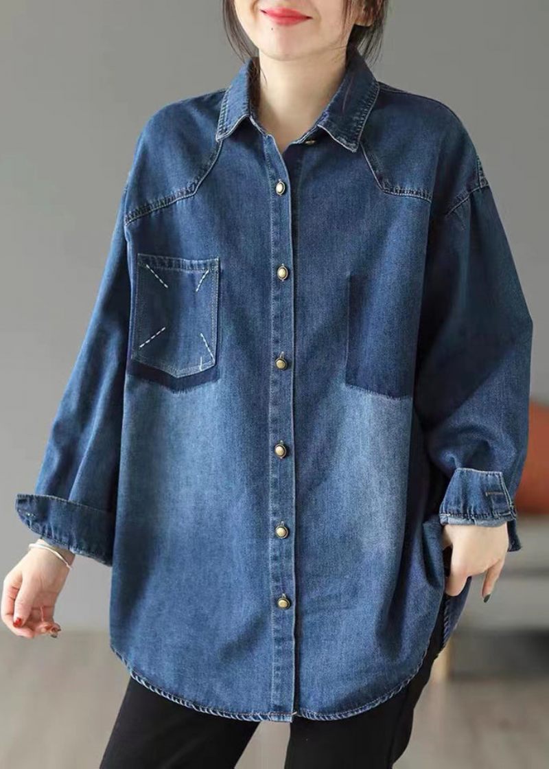 Stil Blå Oversized Broderade Pocket Denim Jackor Spring - Vinterkappor för kvinnor