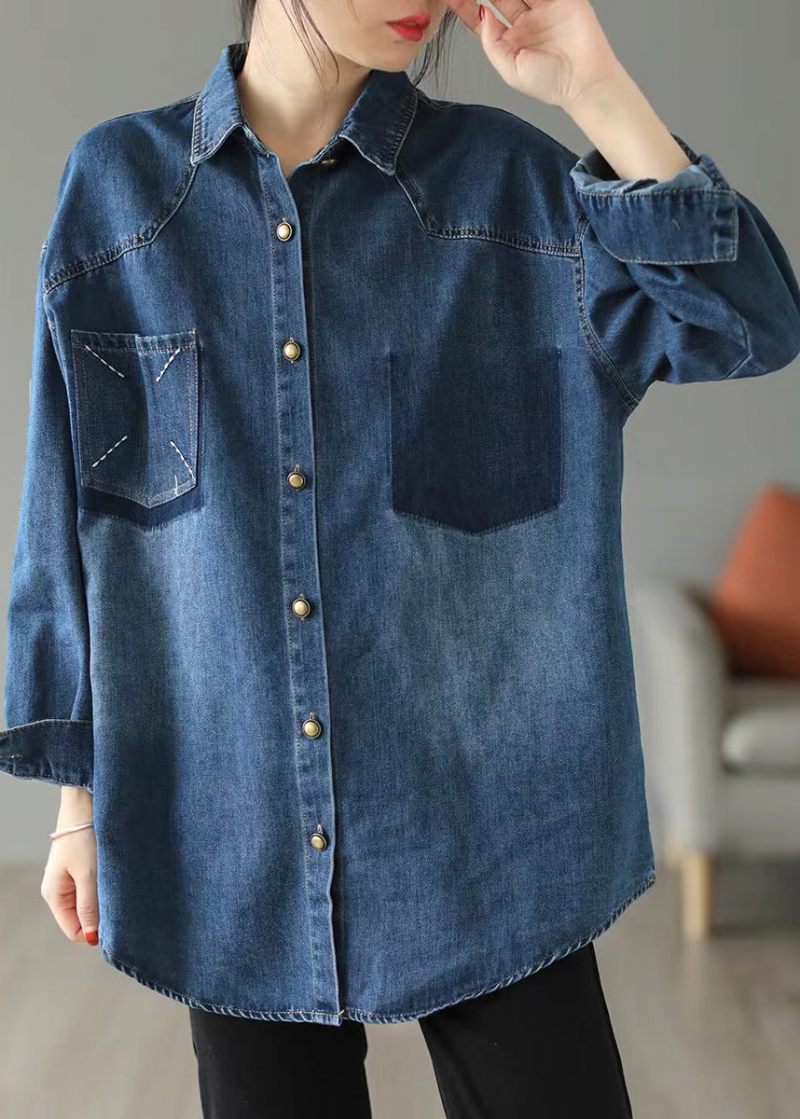 Stil Blå Oversized Broderade Pocket Denim Jackor Spring - Vinterkappor för kvinnor