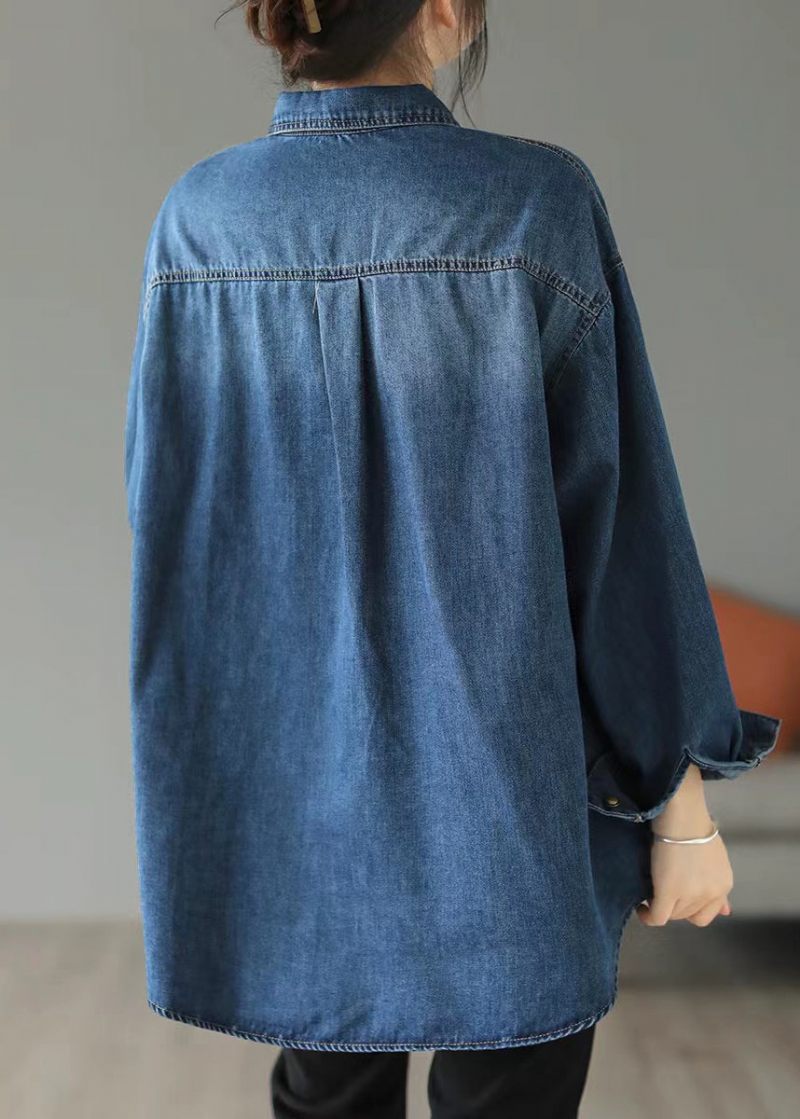 Stil Blå Oversized Broderade Pocket Denim Jackor Spring - Vinterkappor för kvinnor