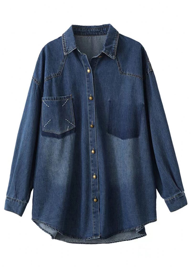 Stil Blå Oversized Broderade Pocket Denim Jackor Spring - Vinterkappor för kvinnor