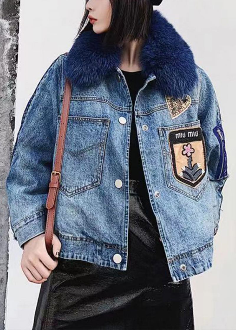 Stil Blå Peter Pan Krage Denim Patchwork Fina Bomullsfyllda Jackor Vinter