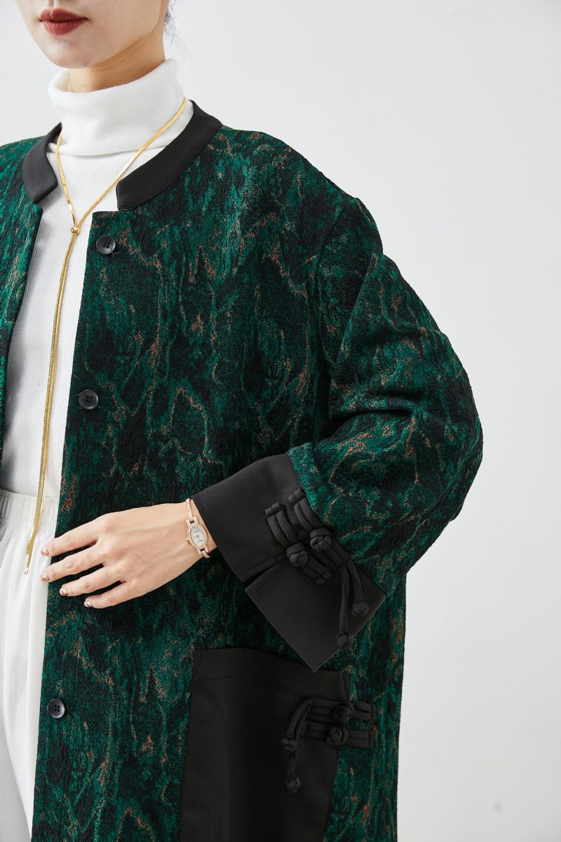 Stil Blackish Green Tie Dye Patchwork Kinesisk Knapp Mink Velour Trench Fall - Trenchcoats för kvinnor