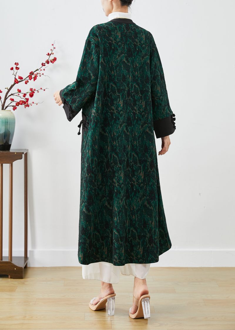 Stil Blackish Green Tie Dye Patchwork Kinesisk Knapp Mink Velour Trench Fall - Trenchcoats för kvinnor