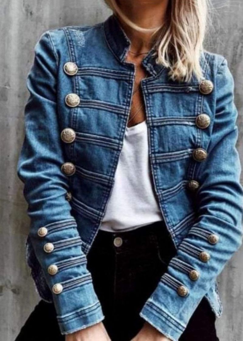 Stil Blue Double Breast Patchwork Slim Fit Denim Coat Spring