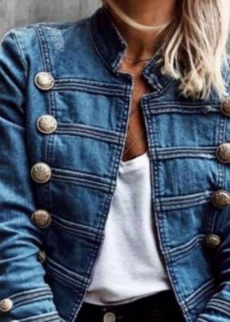 Stil Blue Double Breast Patchwork Slim Fit Denim Coat Spring - Vinterkappor för kvinnor