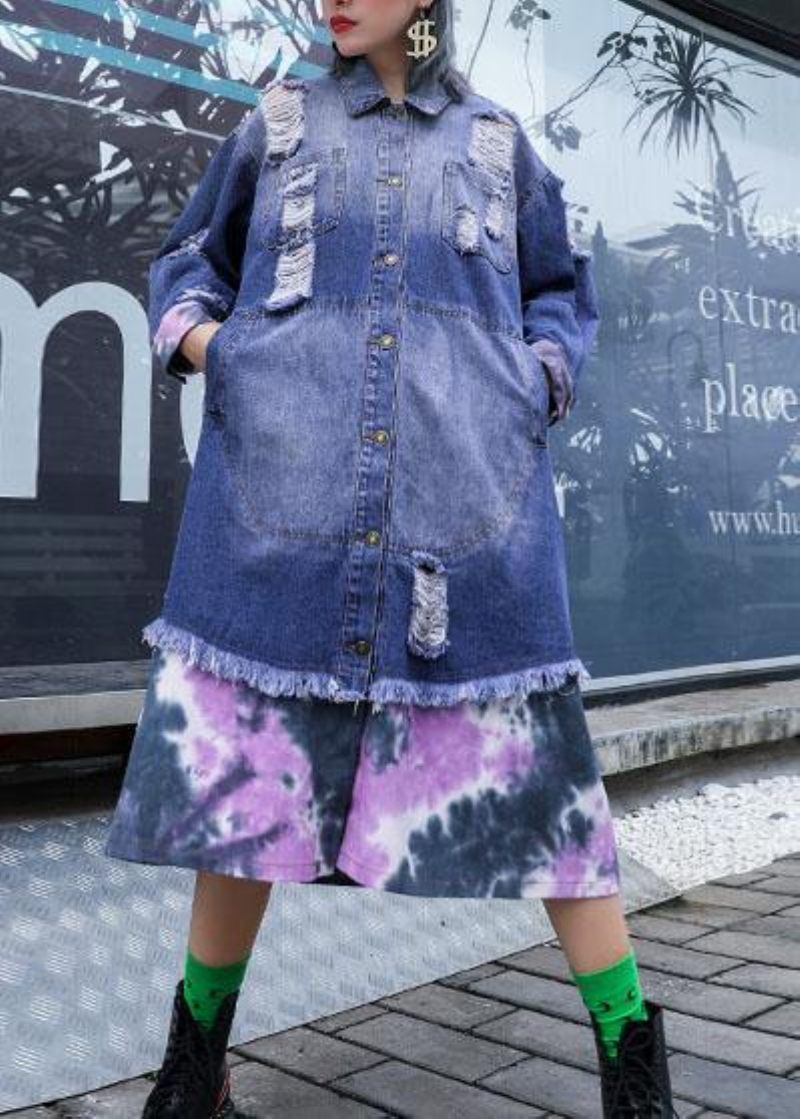 Stil Denimblå Patchwork Fina Tunikor För Kvinnor Tyger Slitna Höstjackor - Trenchcoats för kvinnor