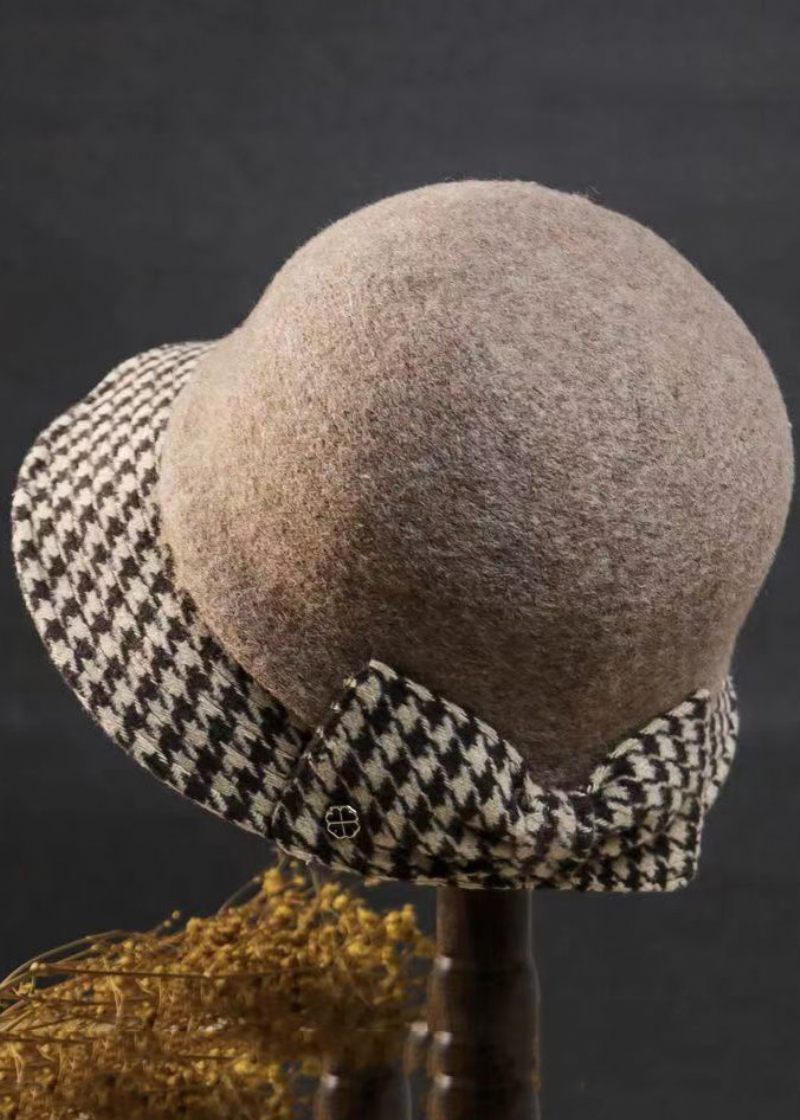 Stil Elegant Caramel Pläd Rosett Ylle Cloche Hat - Ullrockar för kvinnor