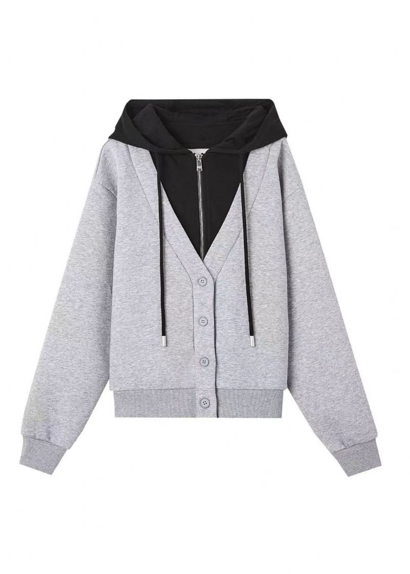 Stil Grå Knapp Patchwork False Tvådelad Bomull Hooded Coat Fall - Vinterkappor för kvinnor