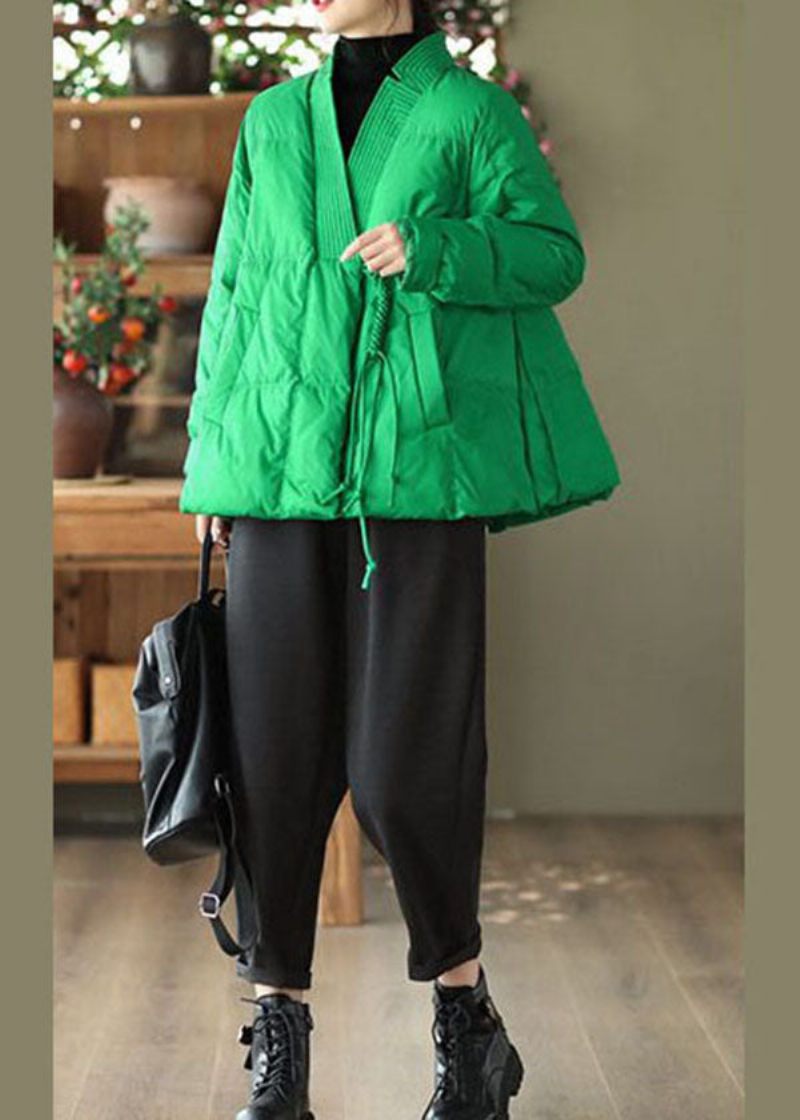 Stil Grön V-hals Oversized Oriental Button Duck Down Puffer Coat Vinter - Dunjackor för kvinnor