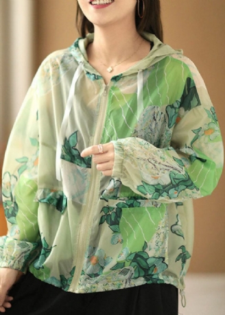 Stil Gröna Hooded Dragkedja Fickor Dragsko Print Upf 50+ Coat Jackor Sommar