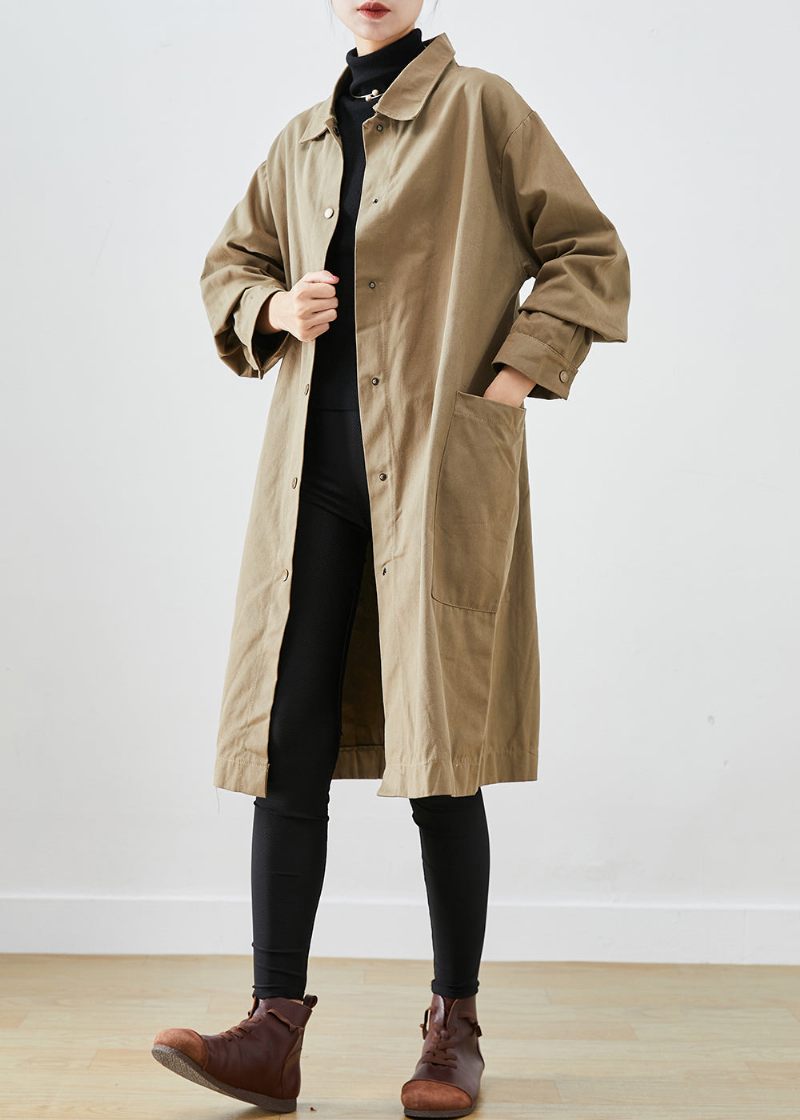 Stil Khaki Överdimensionerade Fickor Bomull Trenchcoat Höst