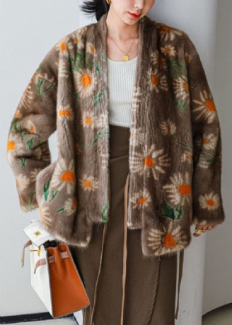 Stil Khaki Oversized Print Spets Mink Hår Stickad Cardigan Winter