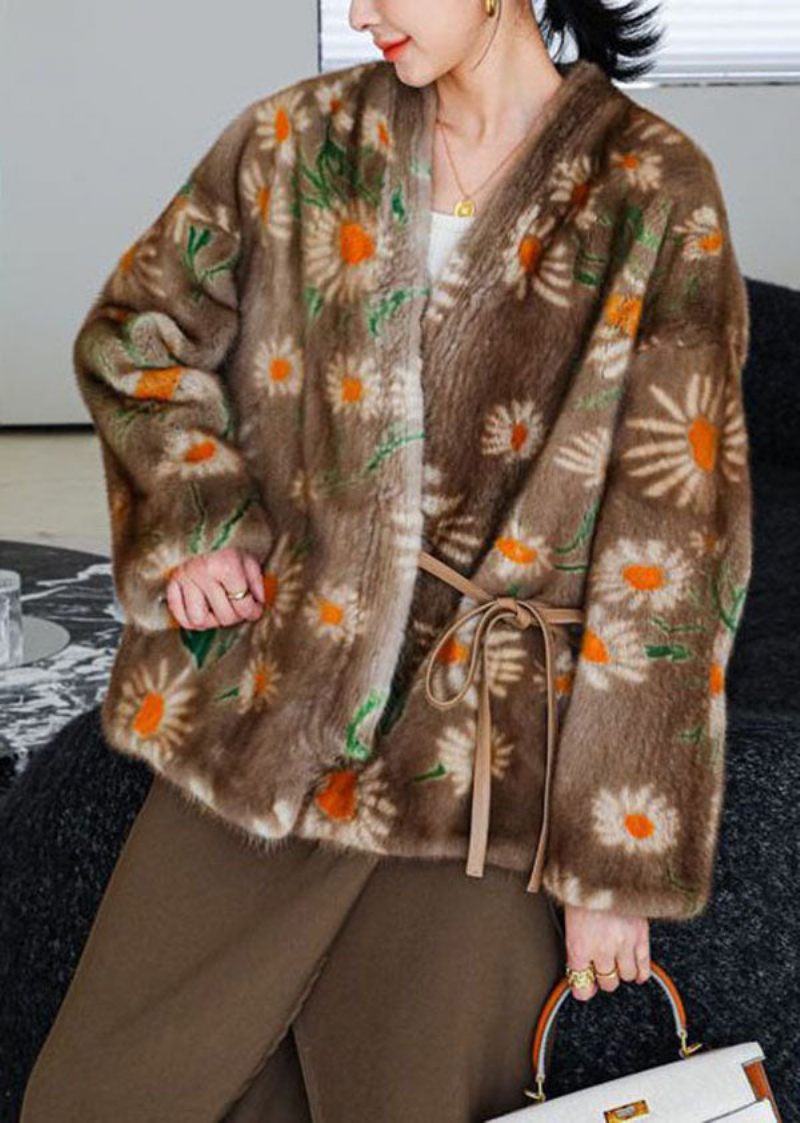 Stil Khaki Oversized Print Spets Mink Hår Stickad Cardigan Winter - Vinterkappor för kvinnor