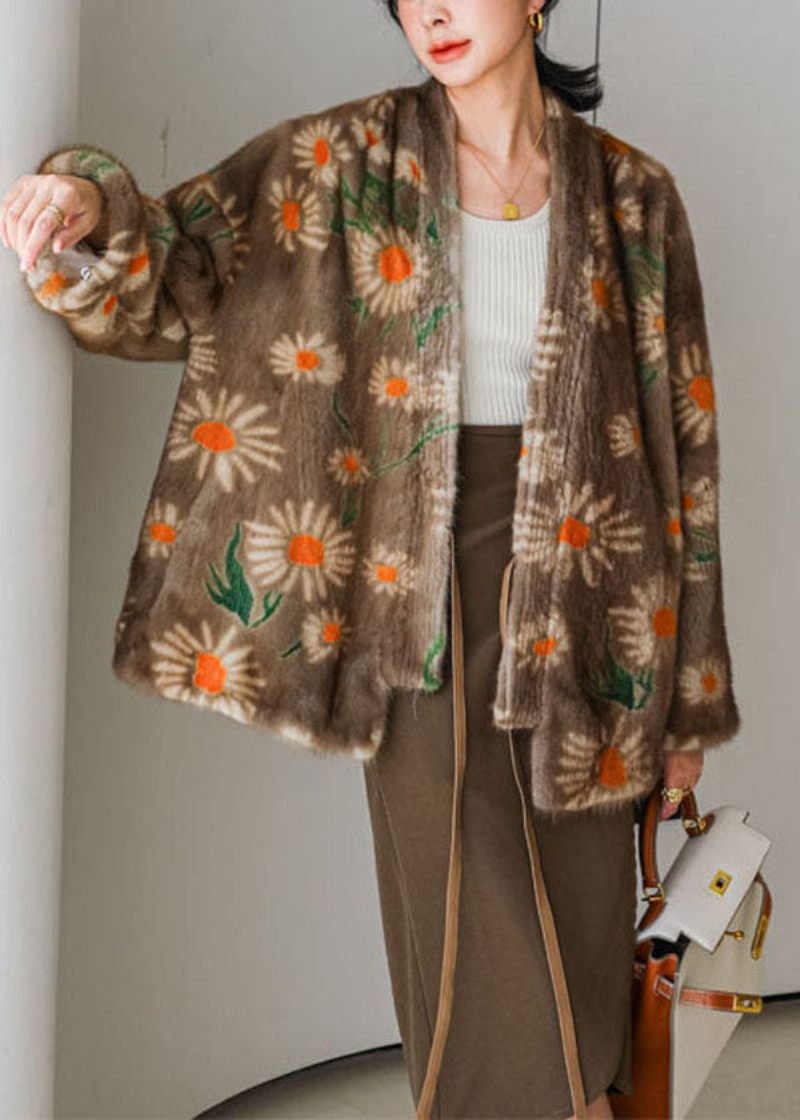 Stil Khaki Oversized Print Spets Mink Hår Stickad Cardigan Winter - Vinterkappor för kvinnor