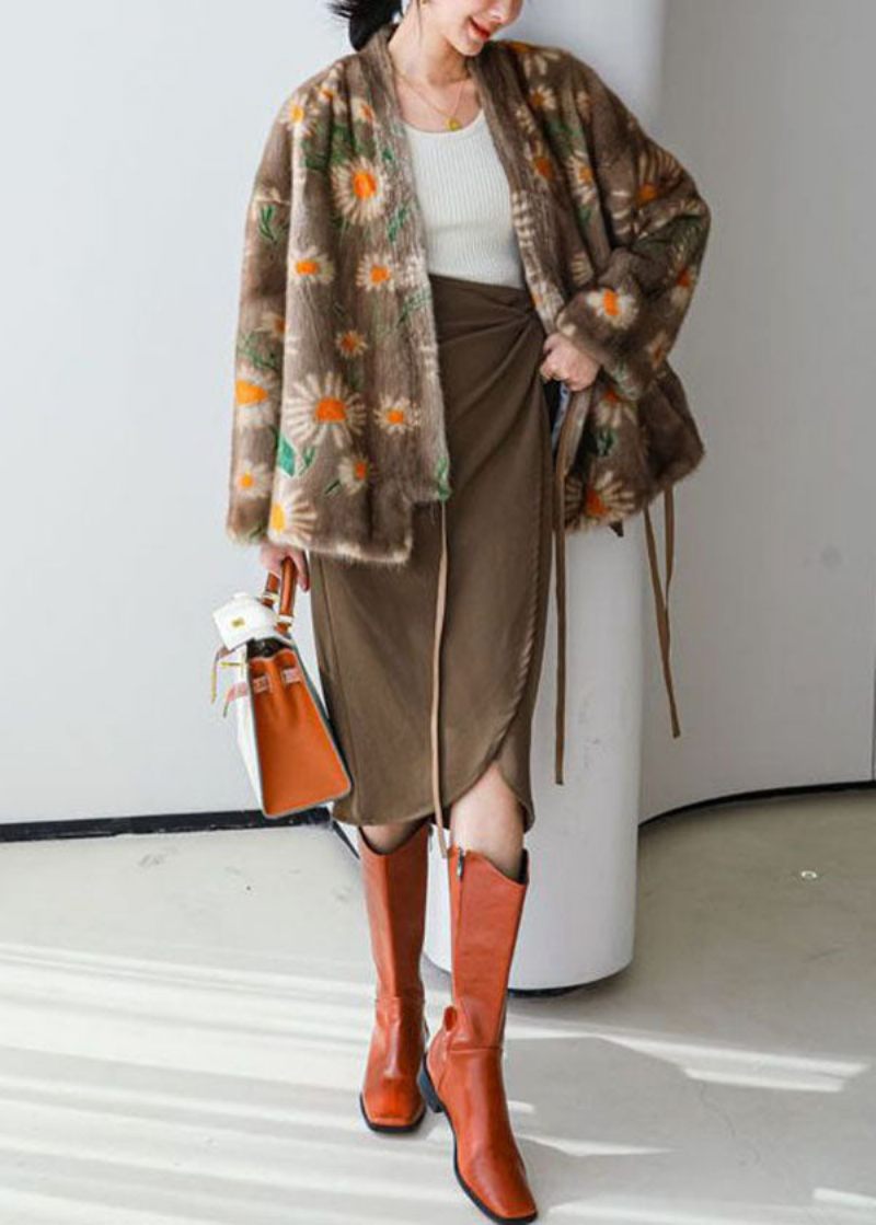 Stil Khaki Oversized Print Spets Mink Hår Stickad Cardigan Winter - Vinterkappor för kvinnor