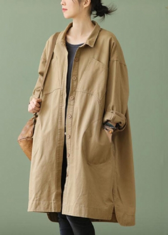 Stil Khaki Peterpan Krage Fickor Knapp Låg Hög Design Höst Långärmad Trenchcoat